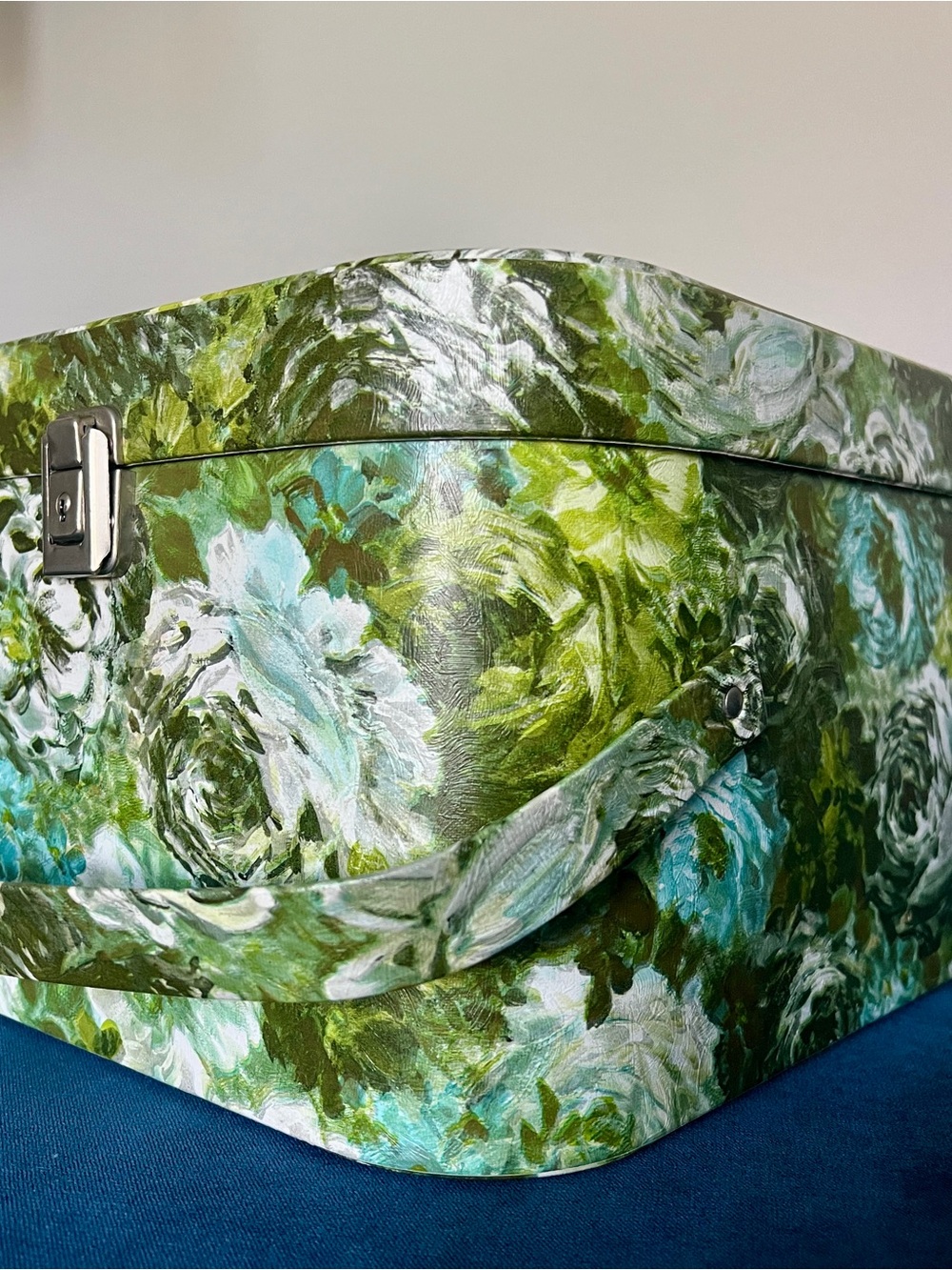 Vintage 1960s Mod Floral Wig Box Case Square Hat Carrier Green Mid Century MCM